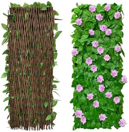 Artificial Leaf Screening, Max 200 * 40cm Expanding Garden Trellis Panels,Garden Privacy Hedge Screen with Flower, Greenery Leaf Backdrop Decoration (Pink, Pack of Two)