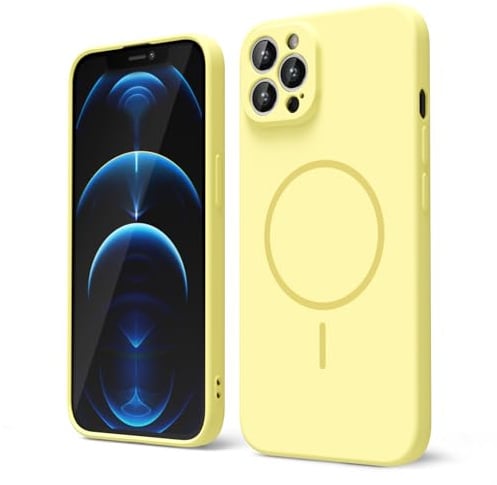 oakxco for iPhone 12 Pro Max Case Silicone Mag Safe, Magnetic Slim Thin Phone Case Compatible with Magsafe, Women Girls Cute Girly Aesthetic Soft Rubber Gel Safecase with Camera Cover, Yellow