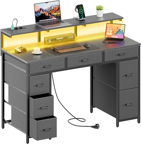 HLFURNIEU Scrivania con 8 Tessuto Cassetti, Tavolo Gaming con Presa di Corrente & Porta USB, Scrivania PC Salvaspazio con LED, Tavolo Ufficio con Supporto per Monitor (Grigio, 120 × 50 cm)