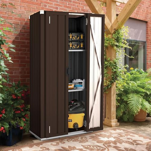 U-MAX Tall Outdoor Garden Storage Cabinet with 3 Adjustable Shelves - Weatherproof Metal Cupboard for Garage, Shed & Patio - Brown (H:178cm, Lockable)