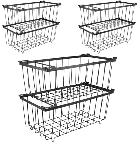 TAICHEUT 6 Pack Chest Freezer Baskets,Stackable Wire Basket with Handles,Deep Freezer Organizer for 198L Freezers, Black