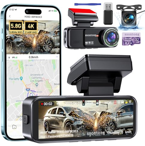 Dash Cam Front and Rear 4K with GPS 5.8G WiFi, ADAS, 3.2 IPS Screen, 32GB | 4K Front Camera, Rear Camera, GPS, 5.8G WiFi App, ADAS, G-Sensor, Loop Recording, WDR, Night Vision,Supports Up to 256GB Card