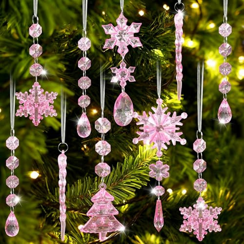 Weihnachtsbaumschmuck, 18 Stück Kristall Christbaumschmuck Anhänger, Acryl Schneeflocken Eiszapfen Weihnachtsbaum Anhänger, Weihnachtsbaumanhänger Rosa für Weihnachten Dekoration Party