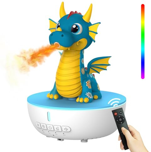 Aroma Diffuser Kinder Drache, 200ml Ultraschall Luftbefeuchter mit Flammen-Effekt, Timer & Fernbedienung, White Noise Einschlafhilfe, 7 Farben Licht, Duftzerstäuber für Ätherische Öle & Schlafzimmer