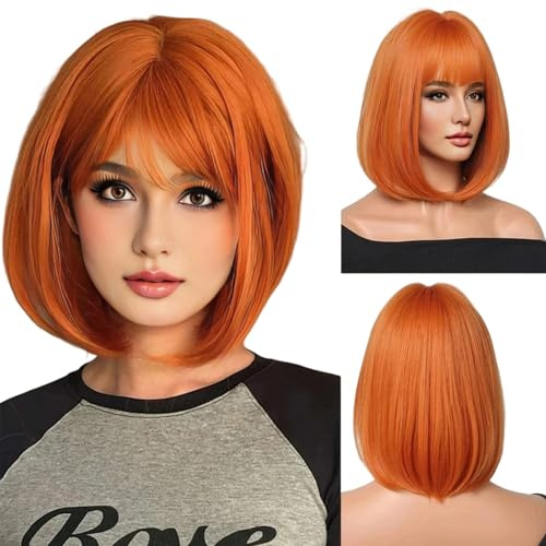 ZXTGBQ Orange Perücken mit Pony für Frauen Kurze Glatte Orange Bob Perücke Gerade PerüCken Natural Synthetic Hair Wig Für Cosplay TäGliche Party Karneval Fasching Halloween