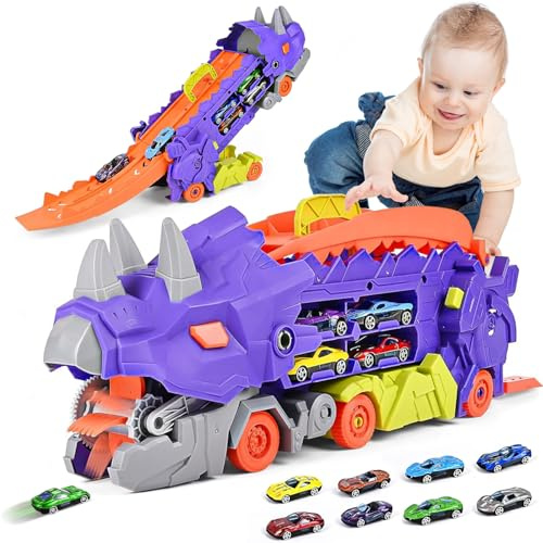 Dinosaurier Transporter Spielset, 2-in-1-faltbares Rennbahn-Spielzeugauto mit 8 Rennwagen, tragbares verwandelbares LKW-Spielzeug,Vom Transportfahrzeug zu Triceratops, geeignet für Kinder ab 3 Jahren