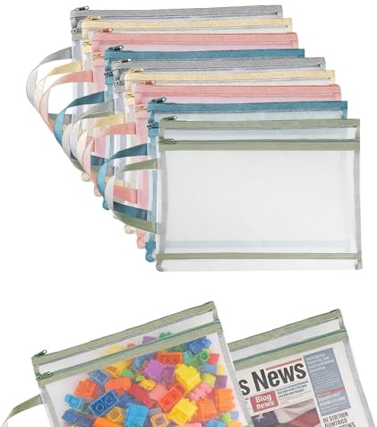 10 Pack Colored Mesh Zipper Pouch Bags, A4 Double-Layer Nylon Puzzle Building Block Sets Toy Storage & Organization, Breathable See Through Mesh Bag with Handle for School Office Games