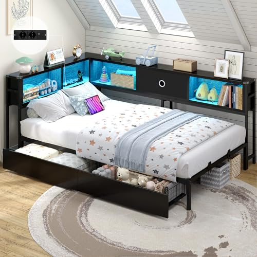 DICTAC Jugendbett 90x190 mit LED-Beleuchtung und Ladestation, Schlafsofa 90 x 190 mit stauraum-5 Staufächern und 2 Schubladen, Tagesbett Einzelbett 90x200 mit Lattenrost aus Metall, Schwarz Daybed