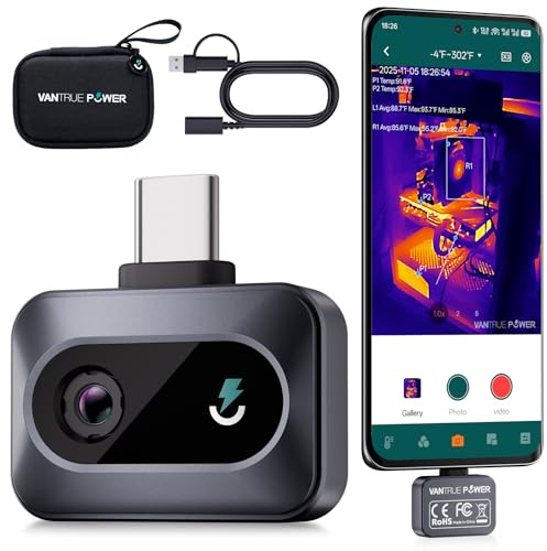 VANTRUE POWER TS1 Wärmebildkamera Thermal Camera für Android, Infrarotkamera Wärmebildkameras mit 512×384 Superauflösung Infrarot Kamera mit USB-C, -20°C bis 550°C, Haus-Inspektion 15x Zoom, Grau