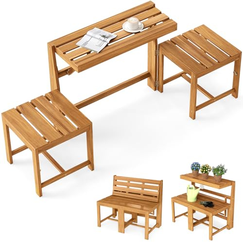COSTWAY Panca Esterno Trasformabile 3 in 1 in Legno di Acacia con Schienale | Set Mobile Esterno con Tavolino e 2 Sedie, Supporto Piante per Terrazzo, Patio e Balcone