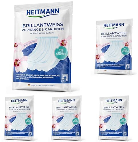 HEITMANN Brillantweiß Vorhänge & Gardinen 50 g | Waschmittel-Zusatz für strahlend weiße Gardinen & Textilien | Entfernt Nikotin, Grauschleier & Gerüche | Weiß-Booster für waschbare Stoffe