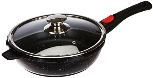 Kamberg – 0008026 – Schwenkpfanne 24 cm – Abnehmbarer Griff – Aluminiumguss – Beschichtung in Steinoptik – Mit Glasdeckel – Für alle Herdarten, auch Induktion – PFOA‑frei, Schwarz