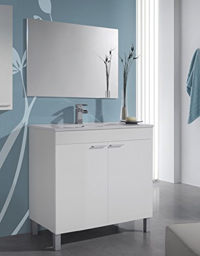 Abitti Mueble de Baño Manila Estilo Contemporáneo en Color Blanco con Espejo, 2 Puertas y Patas 80x80x45 cm (Lavabo PMMA)