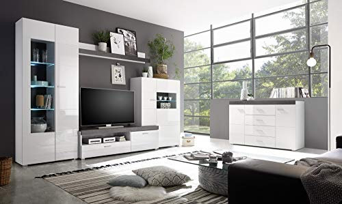 Beauty.Scouts Möbel IM Wohnkombination Kendall Chic, 5er-Set, Wohnwand und Sideboard, weiß/Dark concret Ausführung mit Beleuchtung
