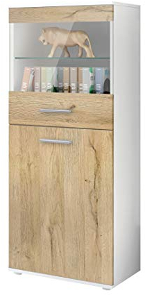 Vladon Vitrine de Salon Almada, Vitrine sur Pied avec 2 Portes, 4 Compartiments et 1 vitre, Blanc Mat/Chêne Nature (53 x 125 x 30 cm)