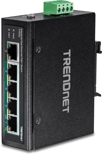 TRENDnet TI-PE50 5-Port Industrial Fast Ethernet PoE+ DIN-Rail Switch | 200W Power Budget, IP50 Rated, NDAA TAA Compliant, Lifetime Protection