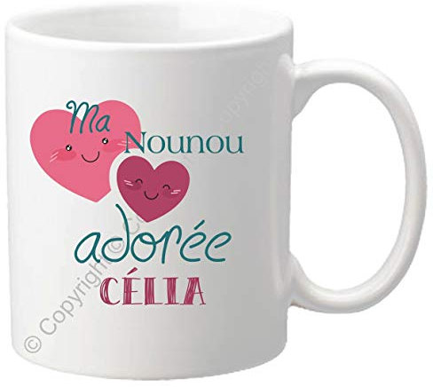 Mug personnalisé pour Nounou – Ma Nounou adorée – Cadeau pour la fête des Nounous, Noël, Anniversaire, fin de contrat, fin d'année scolaire Cadeau souvenir pour la nourrice de votre enfant