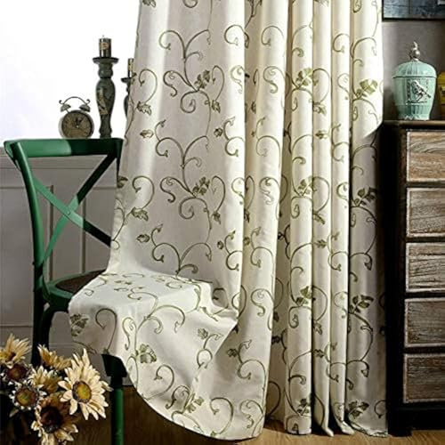 1 Pair Vintage Vine Embroidery Curtains Semi Shade Simple Elegant Curtains for Bedroom Living Room (Green,66x90)