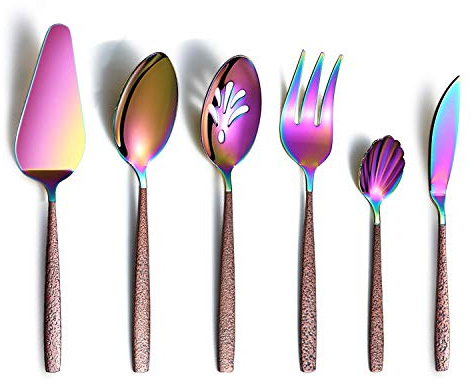 Berglander Juego de cubiertos para servir 6 piezas con mango de superficie lunar y cabeza de arcoíris brillante chapado en titanio acero inoxidable, coloridas cuberteria cucharas utensilios