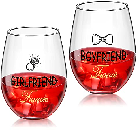 Patelai 2 Stück Valentinstag Boyfriend und Girlfriend Weinglas ohne Stiel Verlobung Geschenk für Sie Ihn Fiancee Fiance Dekorationen Paare Braut Party Verlobter Hochzeit Jubiläum, 17 Unzen