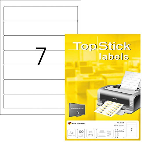 TopStick 8721 Ordnerrücken Etiketten schmal kurz, 1000 Blatt, 192 x 38 mm, 7 pro A4 Bogen, 7000 Stück, selbstklebend, bedruckbar, blickdicht blanko Papier Ordneretiketten Rückenschilder Aufkleber weiß