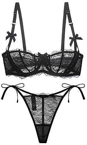 varsmiss Women Sexy Lingerie Set Lace Half Cup Bra and Mini Thong Black