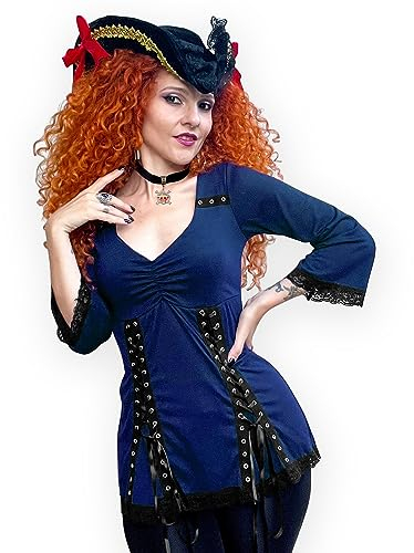 Dare to Wear Corsair Piraten-Kostüm: Veloursmütze, Jolly Roger Choker und viktorianisches Gothic-Damen-Korsett-Oberteil, Electra Top, Midnight, 1X