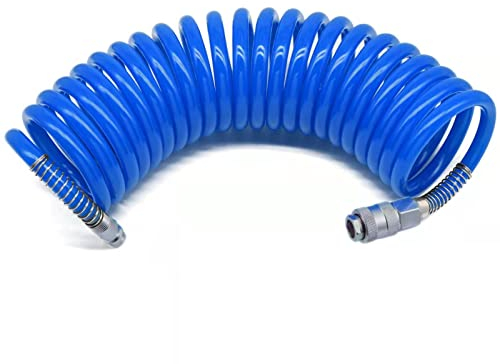 Manguera de aire comprimido en espiral, 6 m, con acoplamiento rápido y protección contra torceduras, diámetro interior 6,5 mm x exterior 10 mm, presión de funcionamiento 10 bar, de poliuretano, 1/4