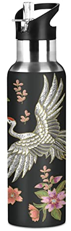 Mnsruu Japon Grue Oiseau Fleur Isotherme Bouteille d'eau avec Paille, Gourde Sport en Acier Inoxydable 600ML Gourdes sans BPA pour Enfant Garçon Fille École Bureau