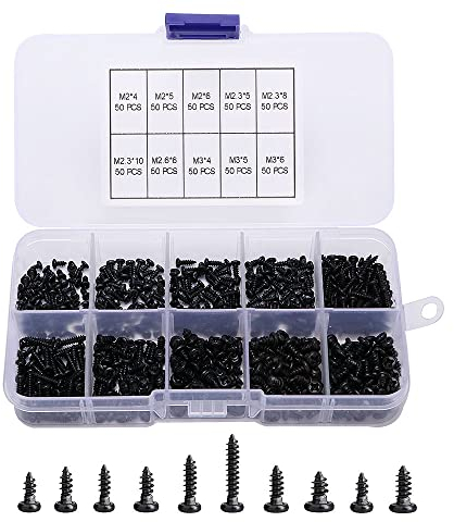 VooGenzek 500 Stück M2 M2.3 M2.6 M3 Selbstschneidende Schrauben, Linsenkopf Blechschrauben Kreuzschlitzschrauben, für Kunststoff Holz Weichmetall (Schwarze Miniaturschrauben)
