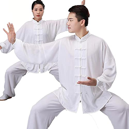 HFCY Cinese Tradizionale Arti Marziali Kung Fu Tai Chi Abbigliamento per Uomo Donna Camicia Manica Lunga Pantaloni Formazione Uniforme Primavera, Bianco-S