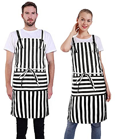BIGHAS H-Stil Schürze mit Tasche für Damen und Herren, verstellbar, große Größe, bequem, Küche, Zuhause, Kochen, 12 Farben (Wide BK&WH Stripes)