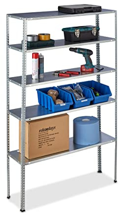 Relaxdays Schwerlastregal, Traglast 250 kg, 5 Ebenen, HxBxT: 185 x 100 x 30 cm, Keller & Garage, Stahl, verzinkt, Silber