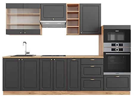 Vicco Küchenzeile Fame-Line, Anthrazit Landhaus/Goldkraft Eiche, 280 cm ohne Arbeitsplatte