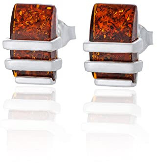 Damen Silber Ohrringe mit Bernstein mod. 89, Cognacfarbener Baltischer Bernstein, 925 Silber, Geschenk für Frauen
