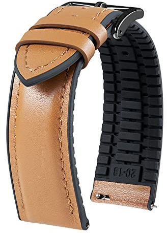 BINLUN Leder Uhrenarmbänder Silikon-Innenfutter Hybrid Elegant Schnellverschluss Lederarmband für Smartwatches Schwarze/Silberne Schnalle 6 Farben Herren Damen(Hellbraun,20mm,Schwarze Schnalle