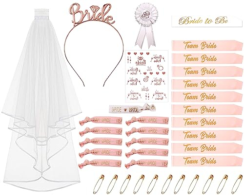 Panngu 37er Set Bride to Be Schärpe und Schleier, Frauen Junggesellinnenabschied Deko Armband Braut Stirnband Accessoires, JGA Sschärpe mit Anstecknadeln für Team Bride und Bachelorette Party