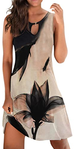 Damen Sommerkleid Knielang Strandkleid Ärmellos Swing Tunika Lässiges Kleider Sexy Elegant Boho Frauen Blusenkleid Sommer lockeres Kleid Blumendruck V-Ausschnitt Strandkleid Minikleid (20-Beige, L)
