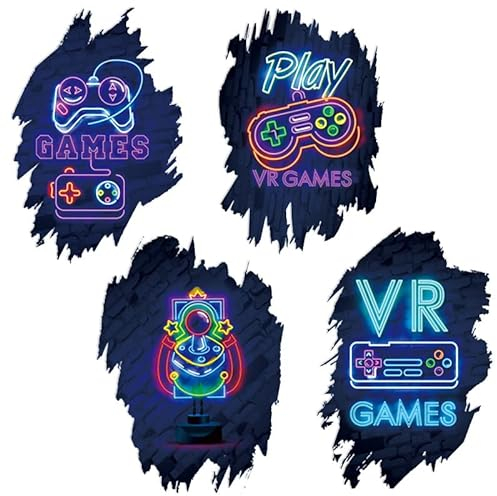 Huaxintoys 4 Stück Gaming Zimmer 3D Deko Bilder | Poster Wand für Gamer Jugendzimmer | Set mit Neon Sign Motive | Zocker Bilder Wand | Neon Wandbild | Videospiel Wandstikcer für Jugendzimmer Deko
