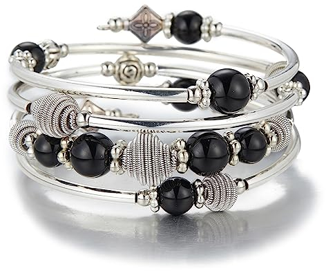 Bulinlin Silber Wickelarmband mit Naturstein Perlen Boho Mehrschichtiges Damen Armbänder Geburtstags Modegeschenk für Frauen (Schwarz)