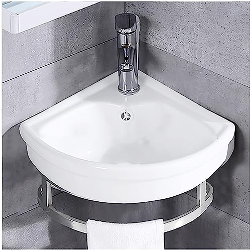 Waschbecken für Badezimmer, Eck-Waschbecken, Aufsatzwaschtisch, Keramikwaschbecken, weiß, klein, zum Aufhängen, mit Stöpsel, Ablaufgarnitur und Loch für Wasserhahn, Waschbecken und Badezimmer (Colo