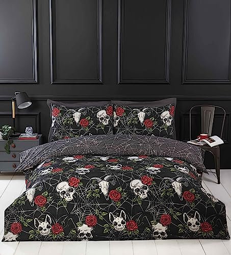 Rapport Home Black Duvet Cover Set with Skulls & Roses, Halloween Themed Microfibre Double Bedding Set