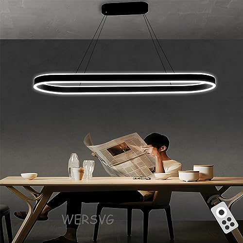 WERSVG L120cm Modern LED Esstisch Pendelleuchte Oval Wohnzimmer Büroleuchter Dimmbar 3500K-6500K Schwarz Esszimmerlampe 108W Pendellampe Hoehenverstellbar, für Restaurants Bars Büros Billardzimmer