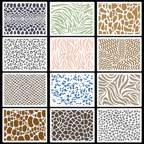 GORGECRAFT 12Stk Tierhaut-Vorlagen 21x15cm Leoparden-Malschablonen Zebra Gepard Milch Kuh Schlangenhaut Streifen Knisterstruktur Schablone Wiederverwendbare Zeichenvorlagen Für Holz Boden Dekor