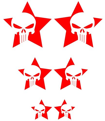 Stern Aufkleber Totenkopf Sticker Set 6 Stück Totenschädel Autoaufkleber Skull Scheibe Motorrad Helm (Rot Glanz)