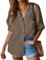 HOTOUCH Womens Cotton V Neck Casual Long Sleeve Blouse Button Down Solid Color Shirts Top Brown XL