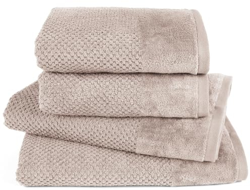 Pure Label 4-TLG. Handtücher Set mit Aufhängeschlaufen aus 100% Baumwolle, saugstark, weich und Oeko-TEX Zertifiziert - 2X Badetuch (70x140 cm) 2X Handtuch (50x100cm), Stein - Taupe