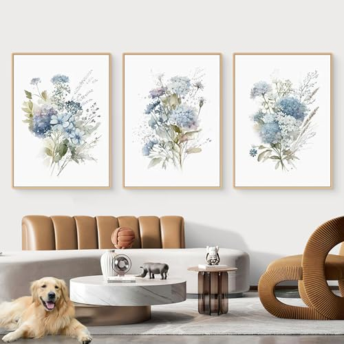 CULASIGN 3er Set Blumen Poster, Blau Blumen Leinwandbilder, Ohne Rahmen Wandbilder, Modern Boho Bilder Wanddeko (50x70cm)