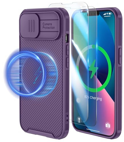HWeggo Coque pour iPhone 13, Protection de La Caméra Étui avec Coulisse Cache Objectif [3 Pièces Protecteur écran], Compatible avec MagSafe Pourpre