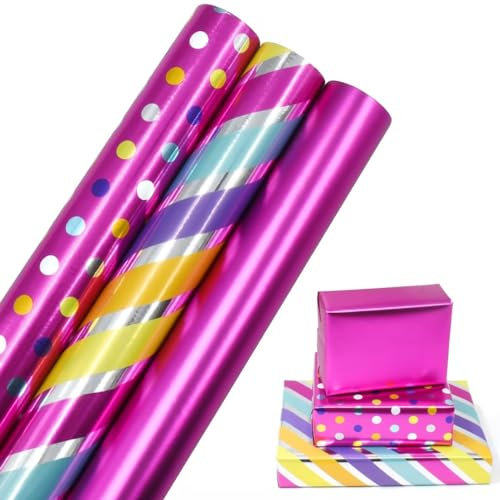 Weihnachts-Geschenkpapierrollen, 3 Rollen 43 cm x 3 m, metallisches und brillantes Geschenkpapier für Weihnachten, Geburtstage, Hochzeiten, Babypartys, Partys, Festgeschenkdekorationen